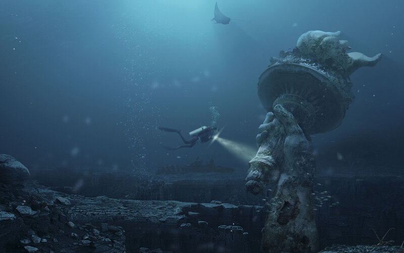diver explores underwater ruins