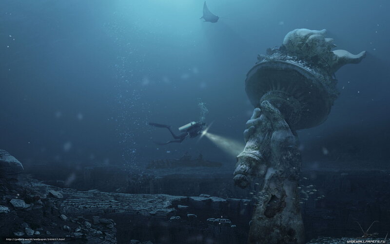 diver explores underwater ruins