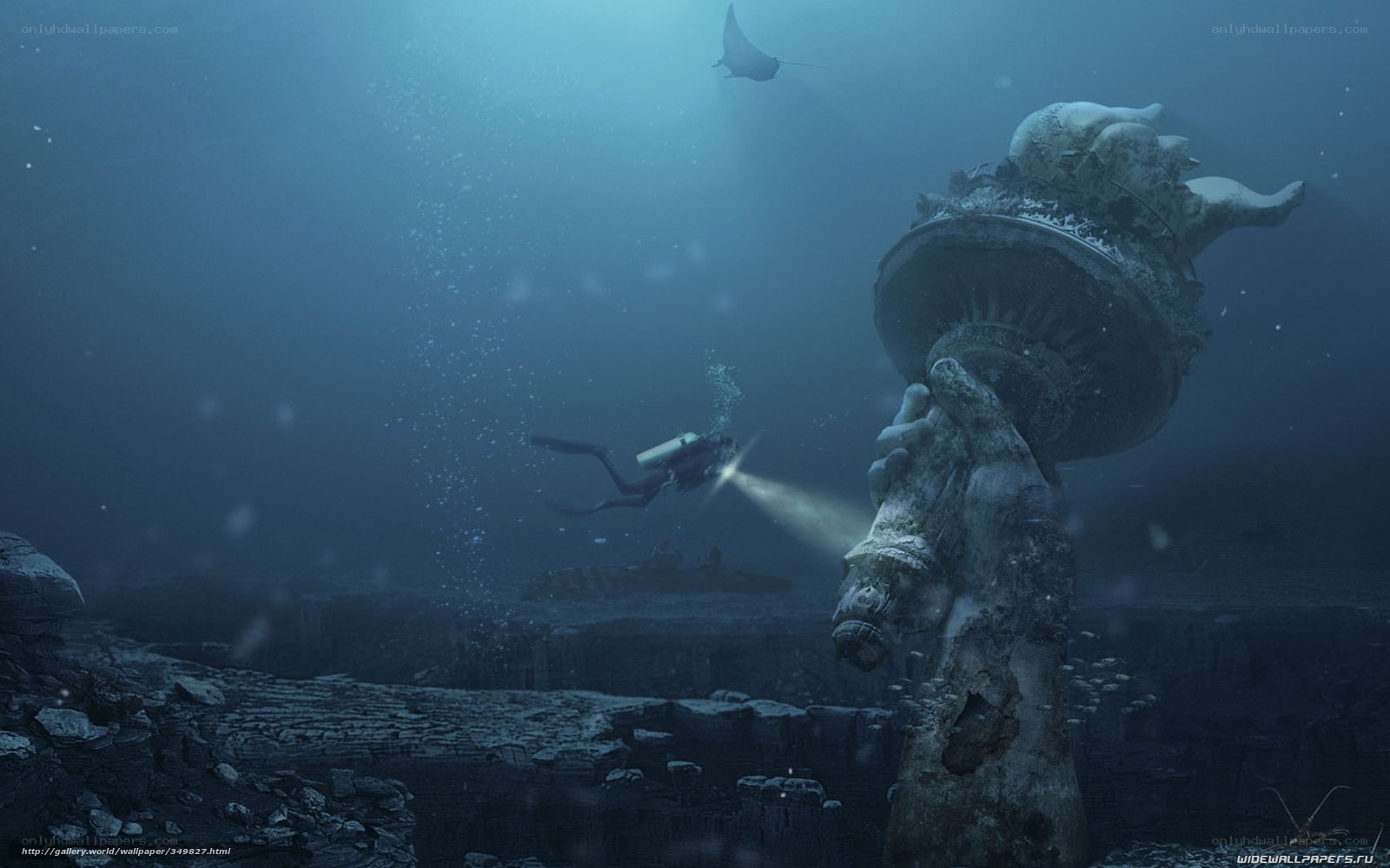 diver explores underwater ruins