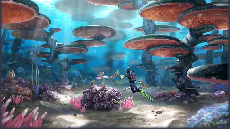 Diver Exploring Coral Reef — Blue