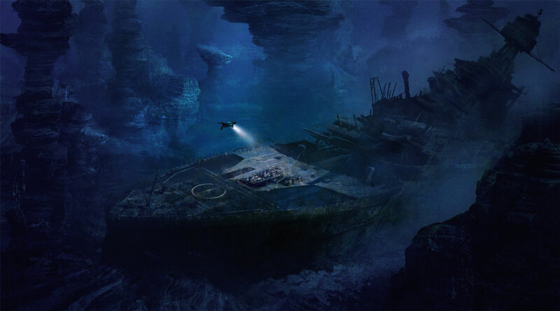 Diver Exploring Shipwreck — Blue, Dark, Mysterious