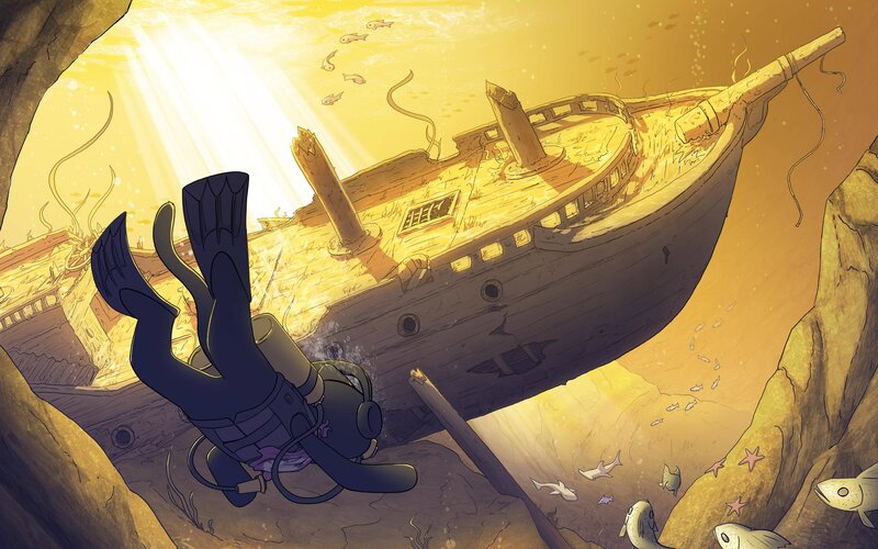 Diver Exploring Shipwreck — Yellow