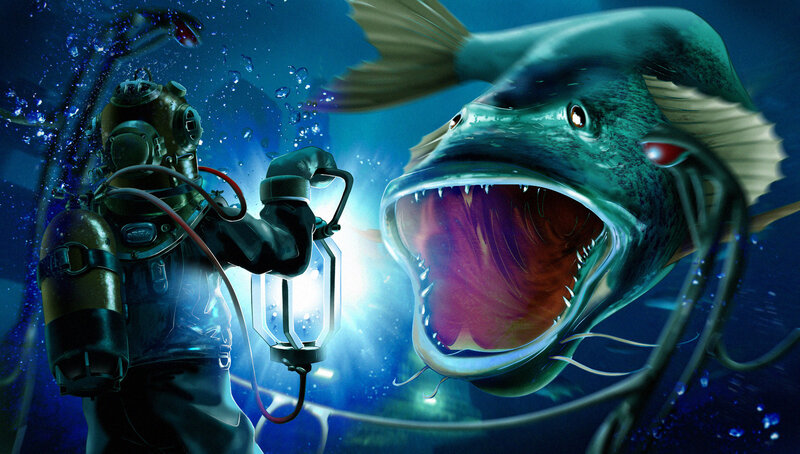 Diver Facing Giant Fish — Blue