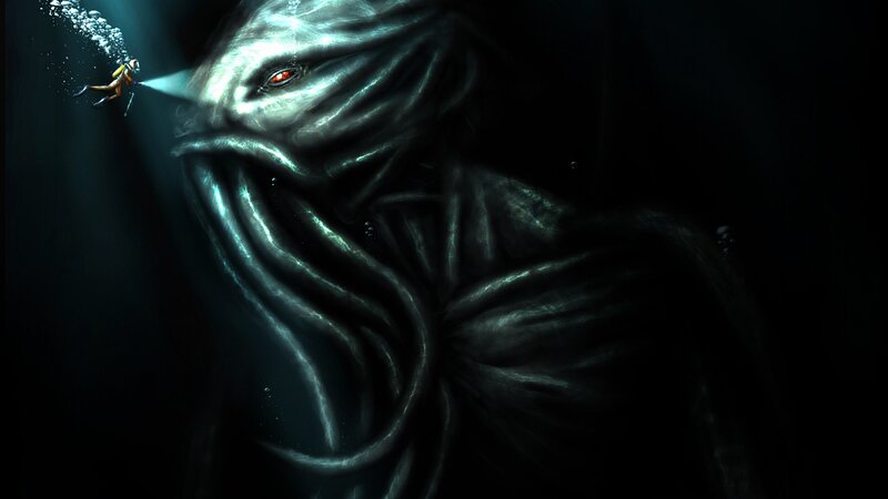 Diver Facing Sea Monster — Black, Dramatic