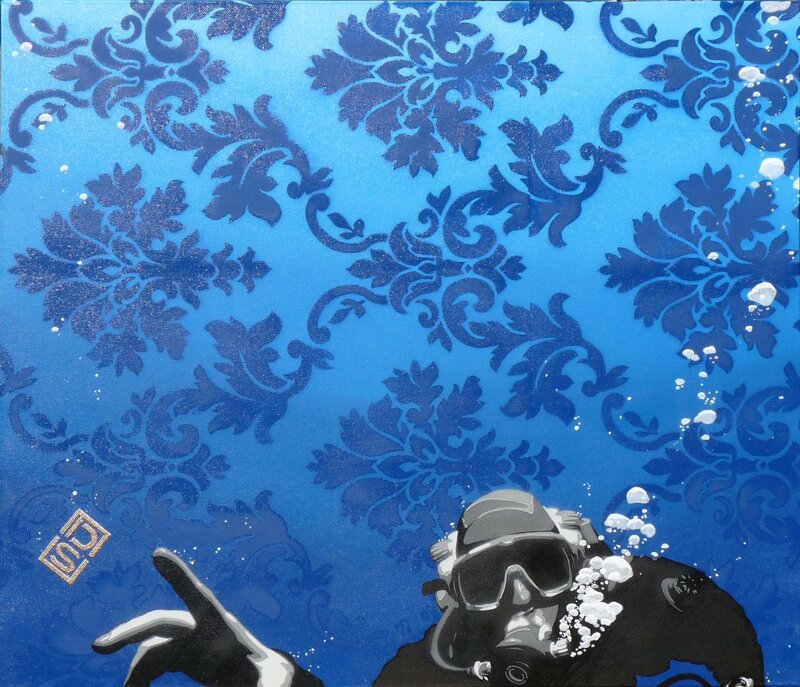 Diver in blue patterned water