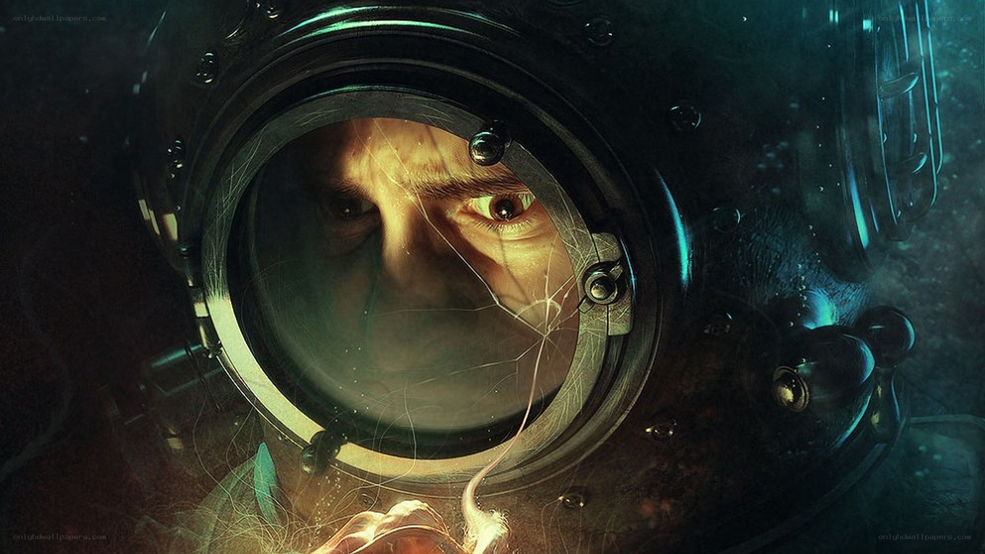 diver in cracked helmet
