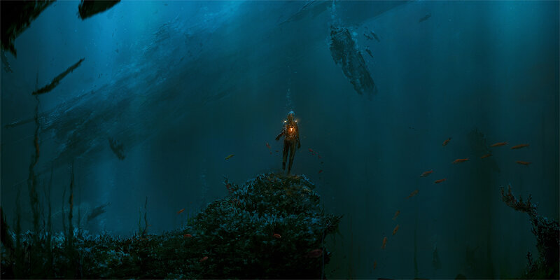 diver in deep ocean