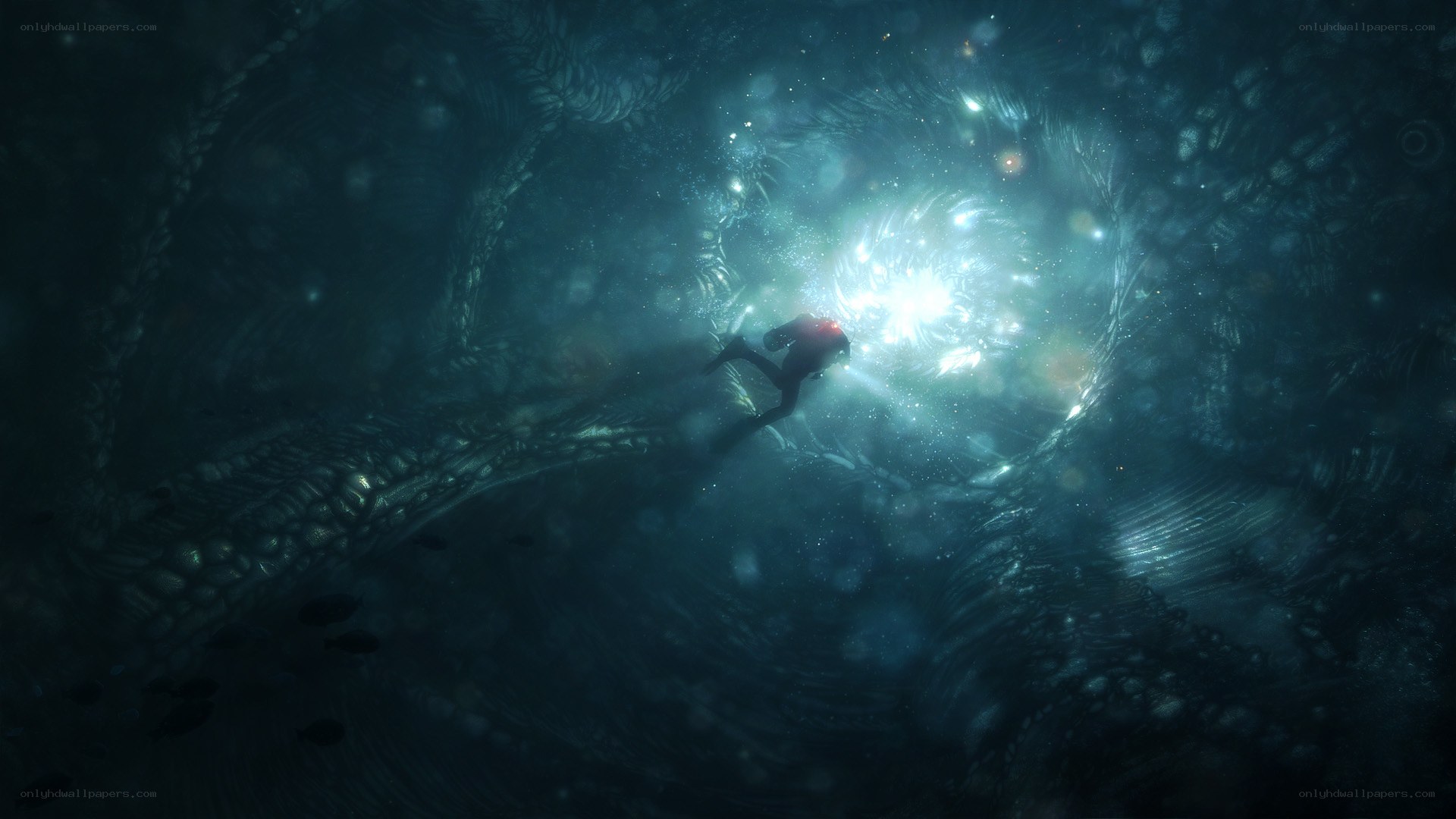 diver in deep sea tunnel