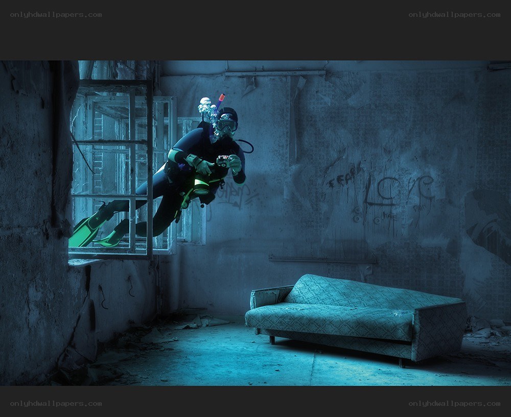 diver in flooded room