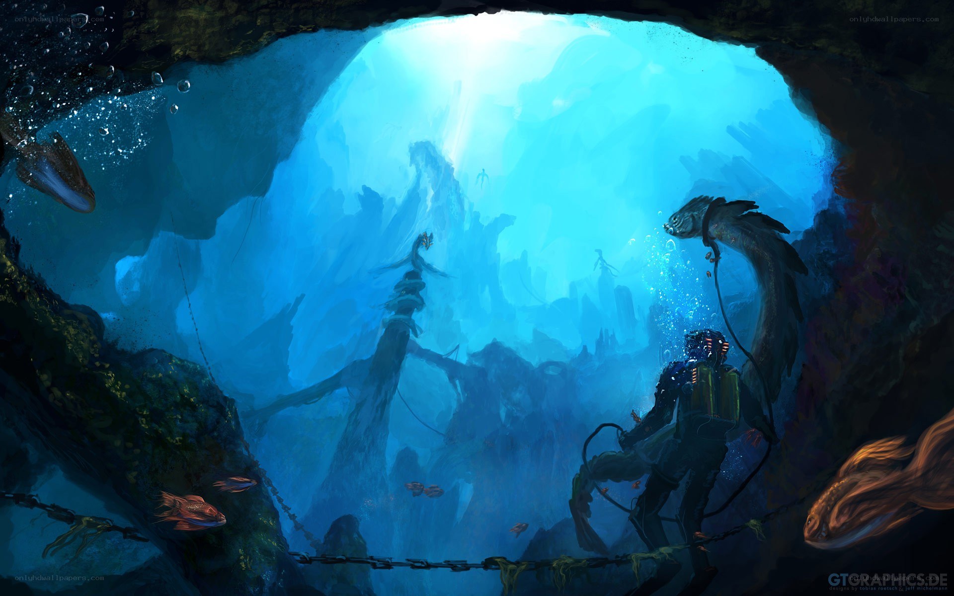 diver in underwater cave