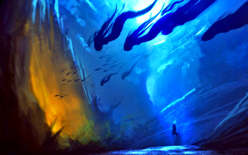 Diver in Underwater Cave — Blue, Dramatic, Digital Art, Fish, Light