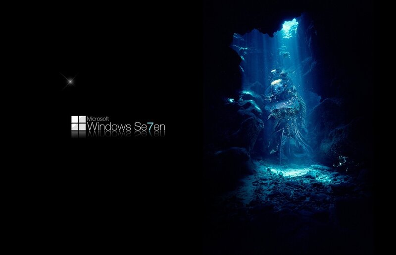 Diver in Underwater Cave — Blue, Dramatic, Digital Art