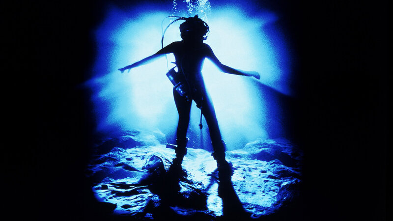 Diver in Underwater Cave — Blue, Dramatic, Photograph, Scuba Gear