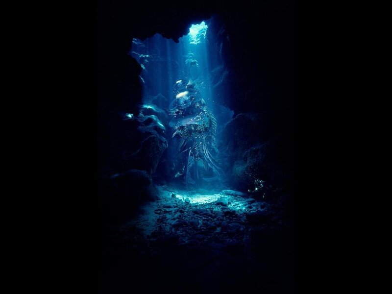 Diver in Underwater Cave — Blue, Dramatic, Photograph