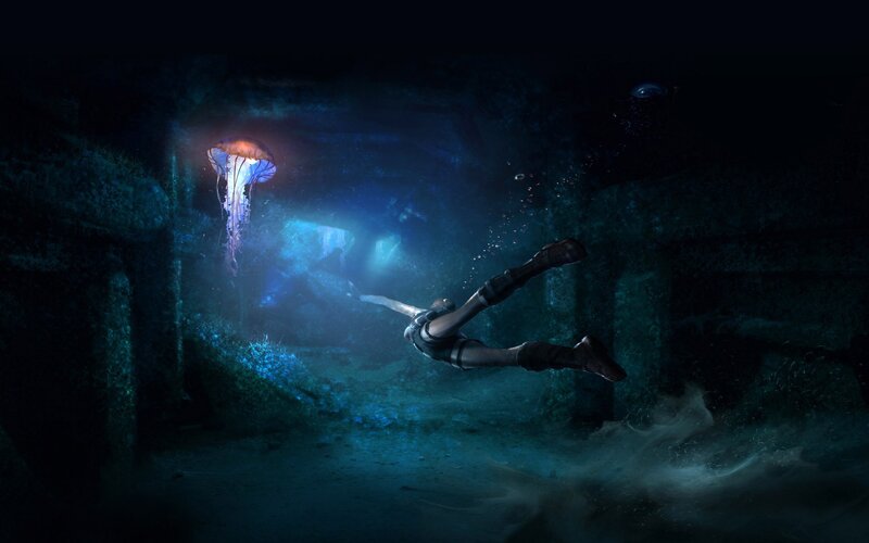 Diver in Underwater Cave — Blue, Mysterious