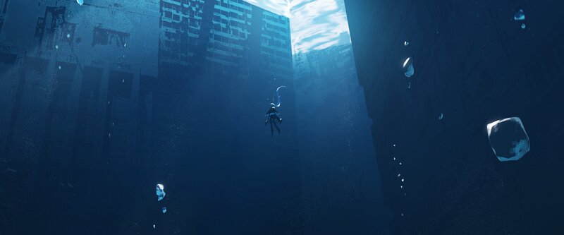Diver in Underwater City — Blue