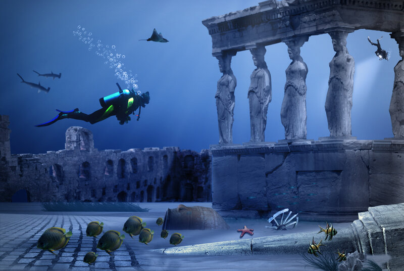 Diver Near Ancient Ruins