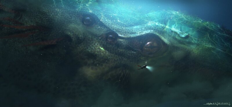 Diver Near Giant Creature