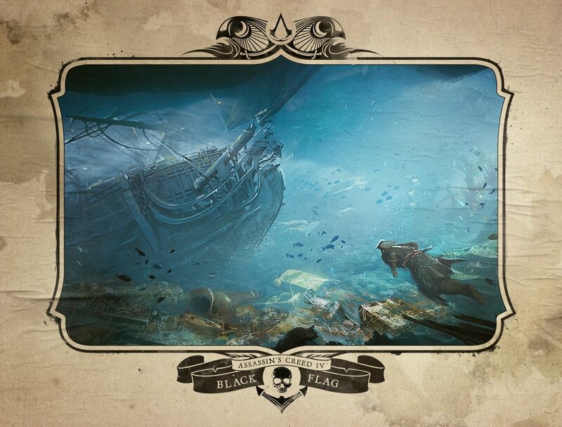 Diver Near Shipwreck — Blue, Dramatic