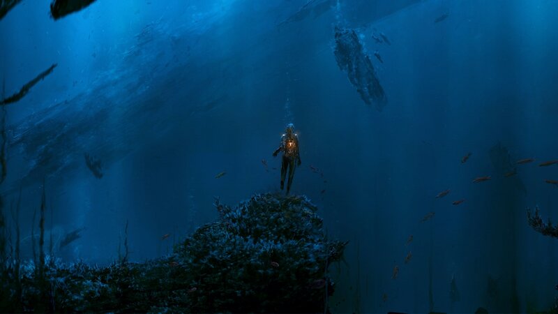 Diver on Ocean Floor — Blue, Serene