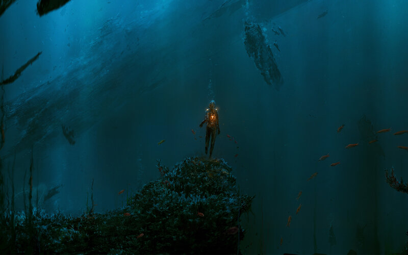 Diver on Ocean Floor — Blue