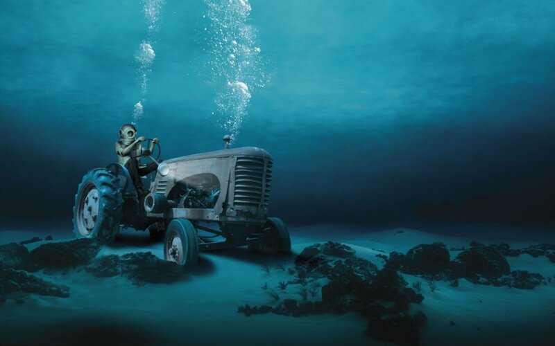 Diver on Tractor — Blue, Dramatic, Digital Art, Bubbles