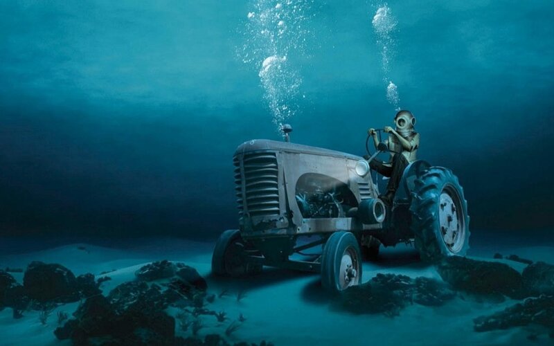 Diver on Tractor — Blue, Dramatic, Digital Art
