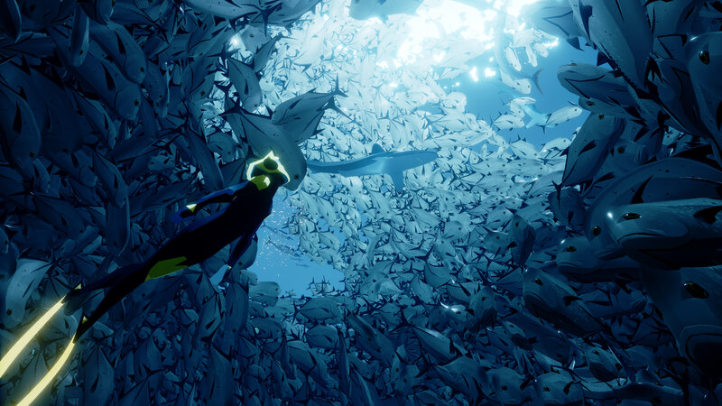 Diver Surrounded by Fish — Blue, Dramatic