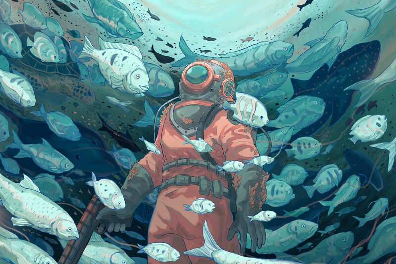 Diver Surrounded by Fish — Blue
