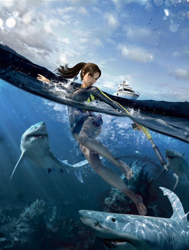 diver surrounded by sharks