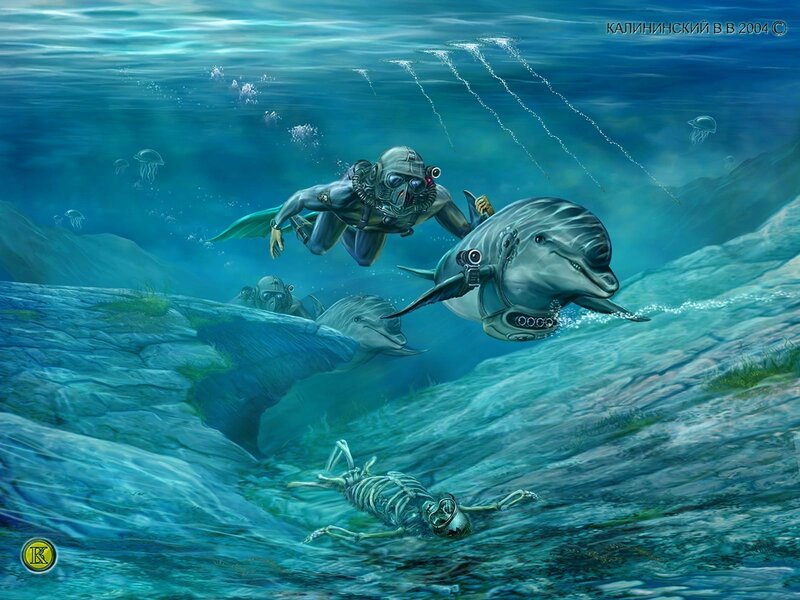 Diver with Dolphins Underwater