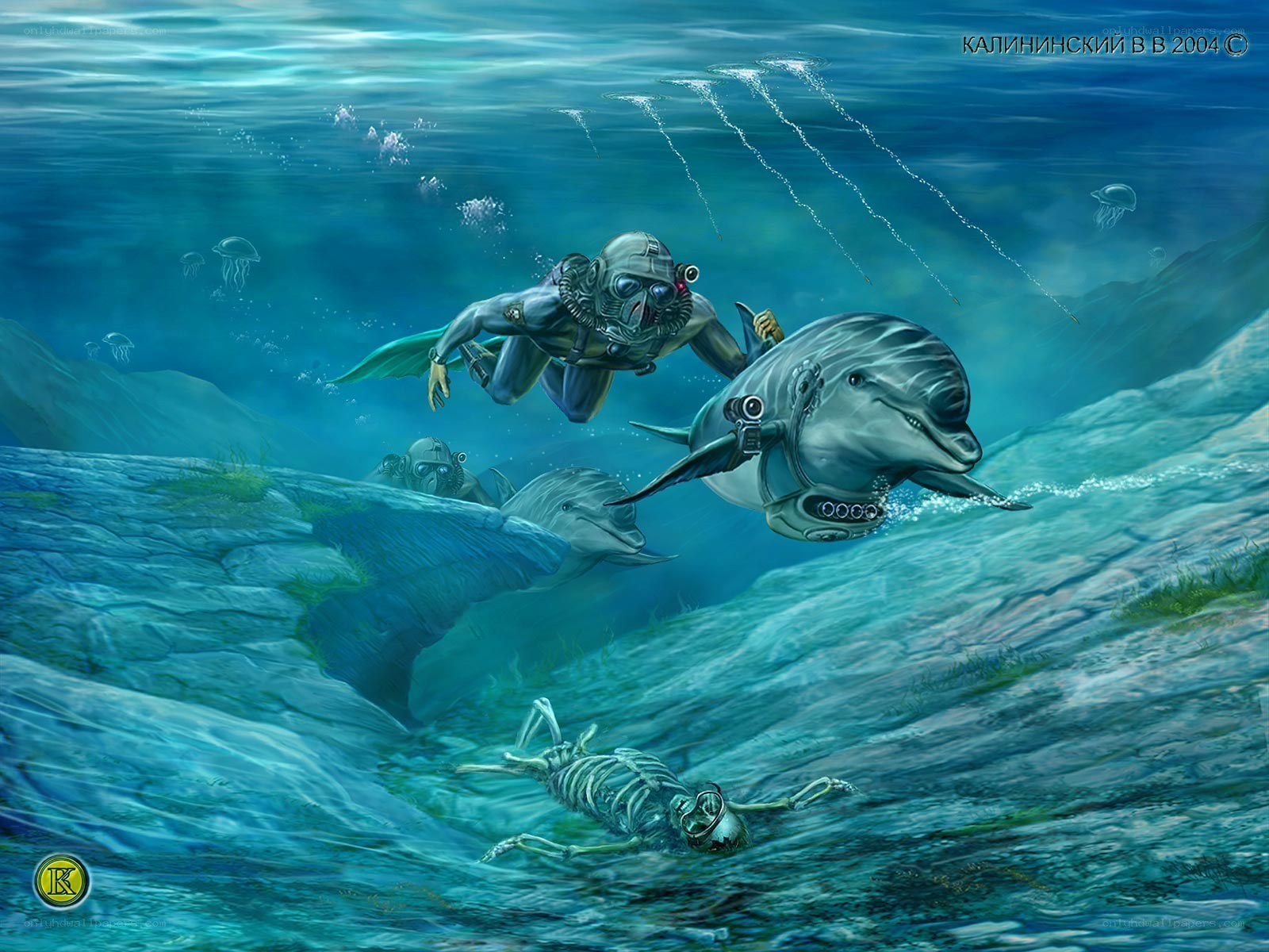 Diver with Dolphins Underwater