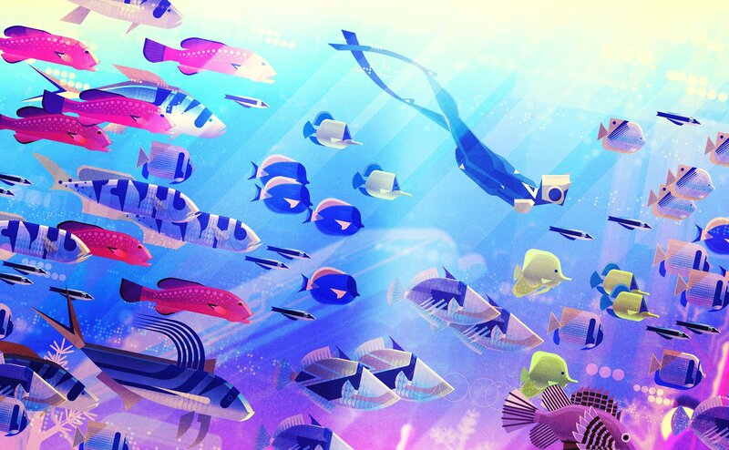 Diver with Fish School — Blue