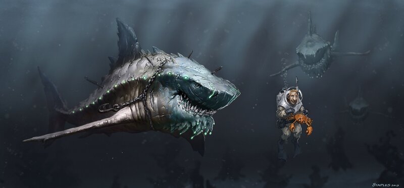 Diver with giant shark