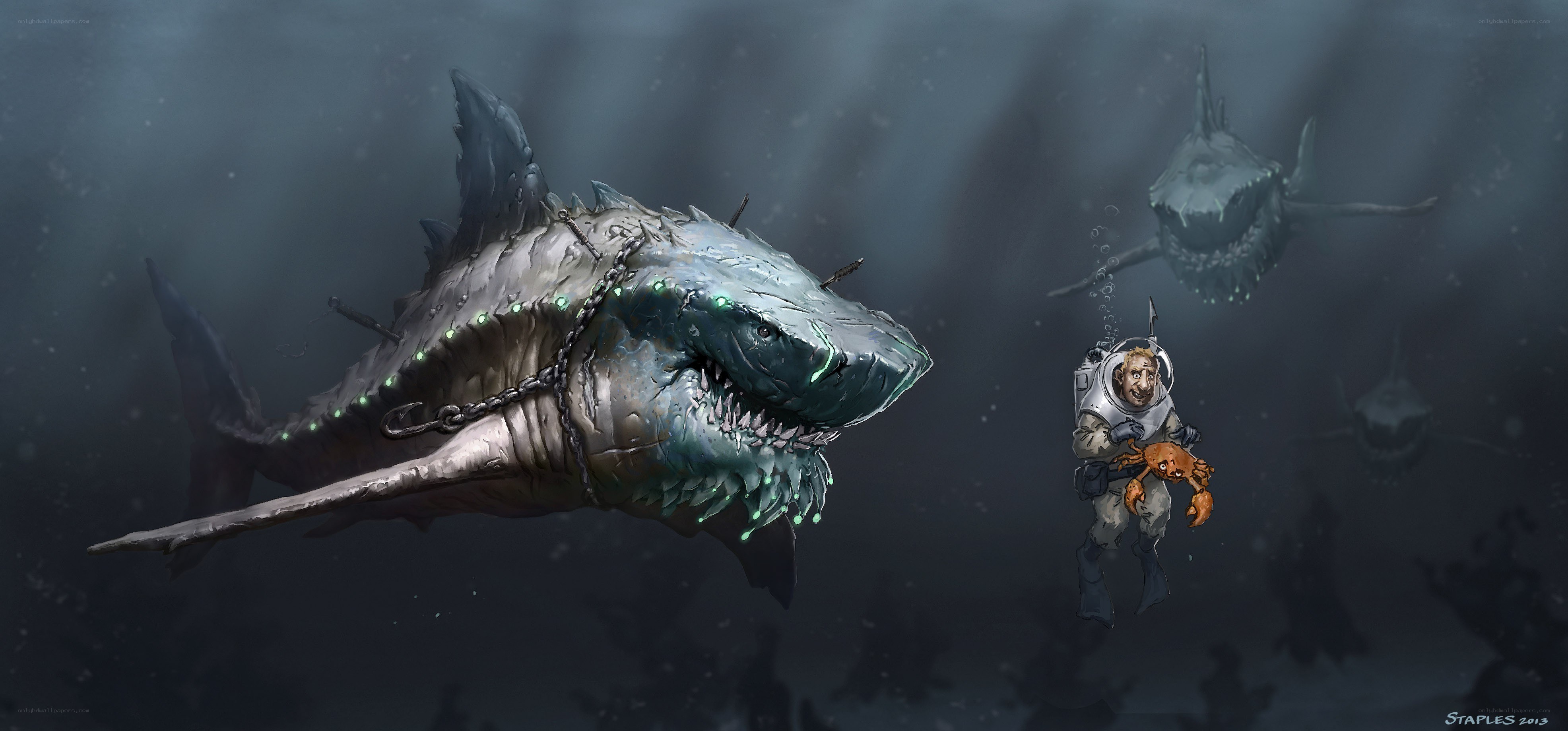 Diver with giant shark