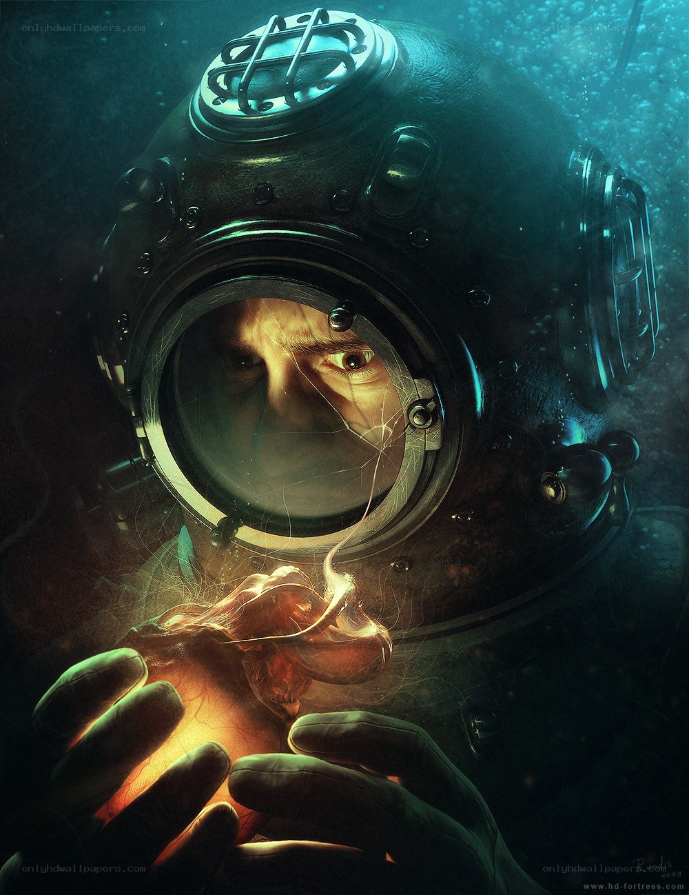 Diver with glowing creature