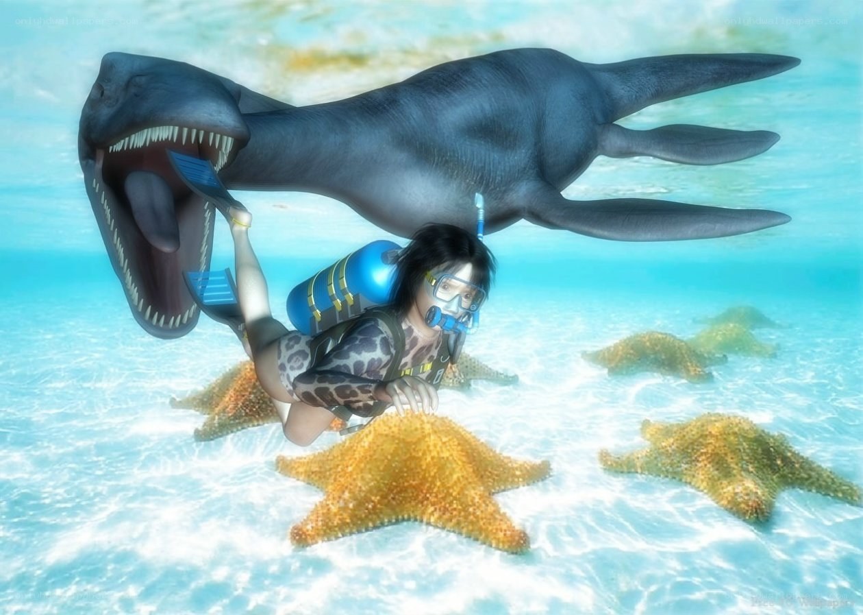 Diver with prehistoric sea creature