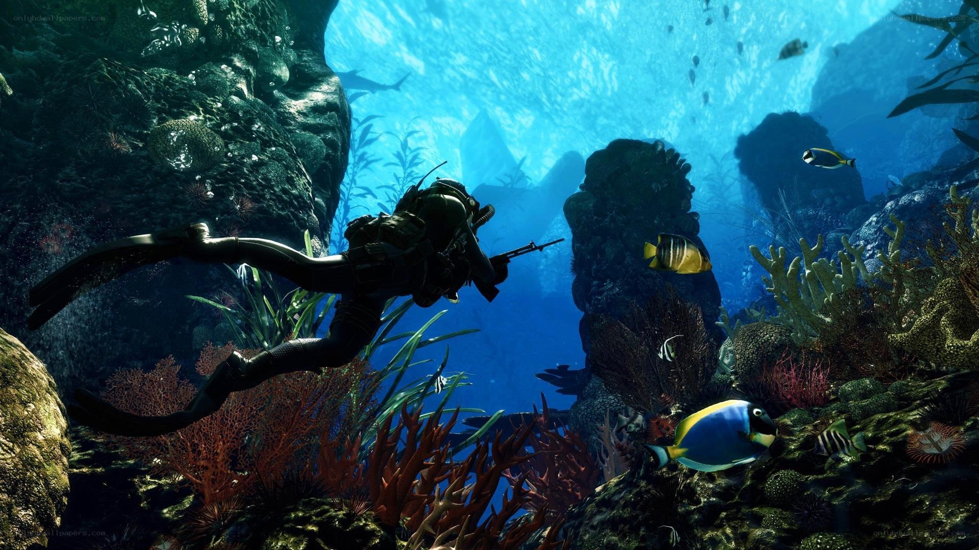 diver with rifle underwater
