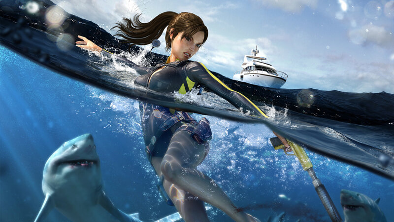 diver with sharks and yacht