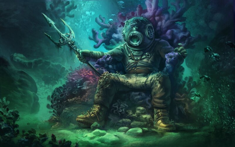 Diver with Trident — Green, Dramatic, Digital Art