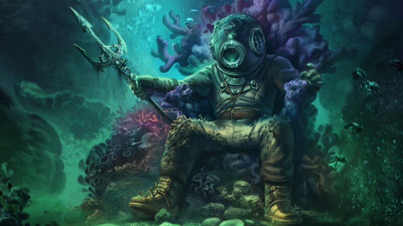 Diver with Trident — Green, Dramatic