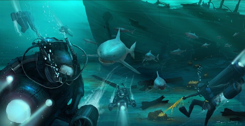 Divers explore shipwreck with sharks