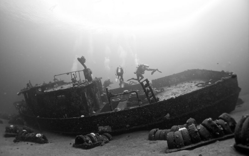 Divers Exploring Shipwreck — Black