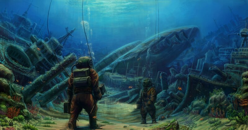 Divers Exploring Shipwreck — Blue, Dramatic, Digital Art, Submarine