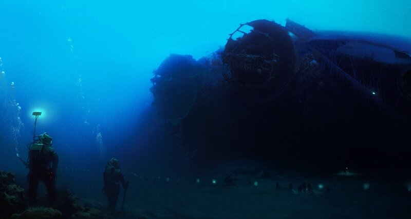 Divers Exploring Shipwreck — Blue, Dramatic, Digital Art