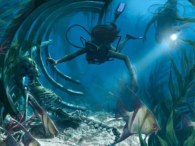 Divers Exploring Shipwreck — Blue, Dramatic