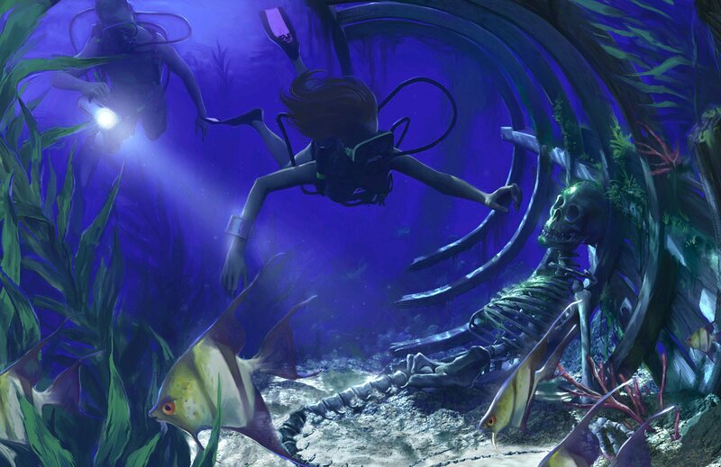 Divers Exploring Shipwreck — Blue, Mysterious