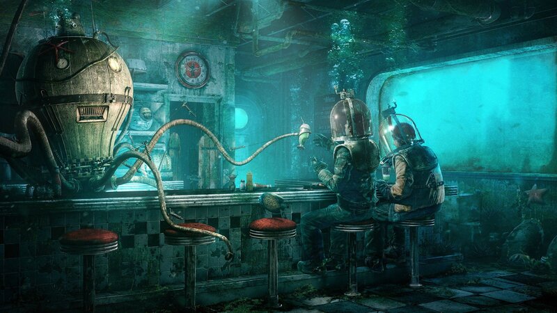 Divers in Underwater Bar — Teal, Dramatic