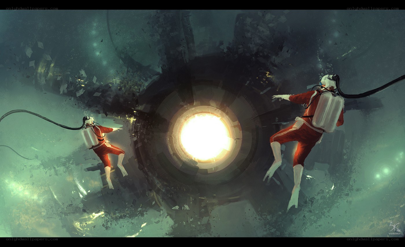 divers near glowing portal