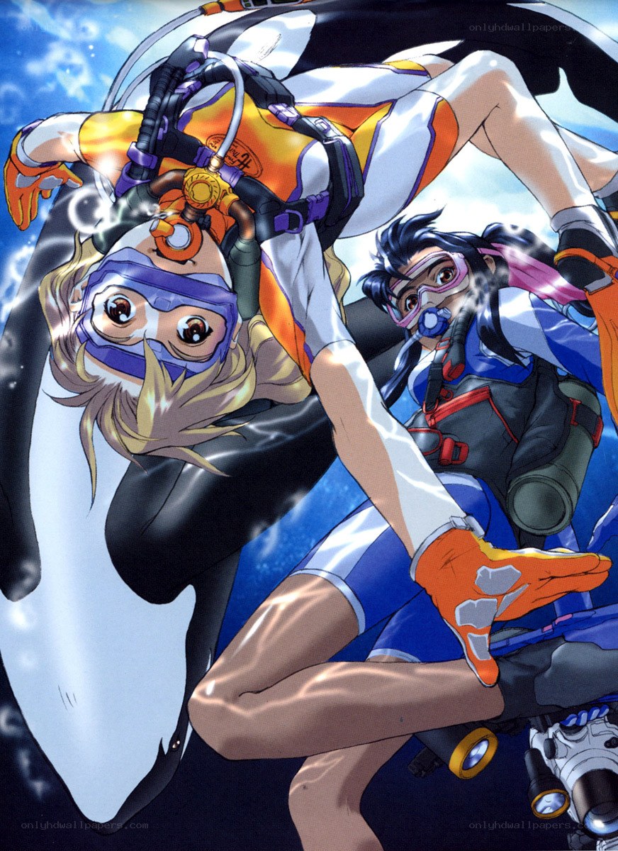 divers underwater in anime style